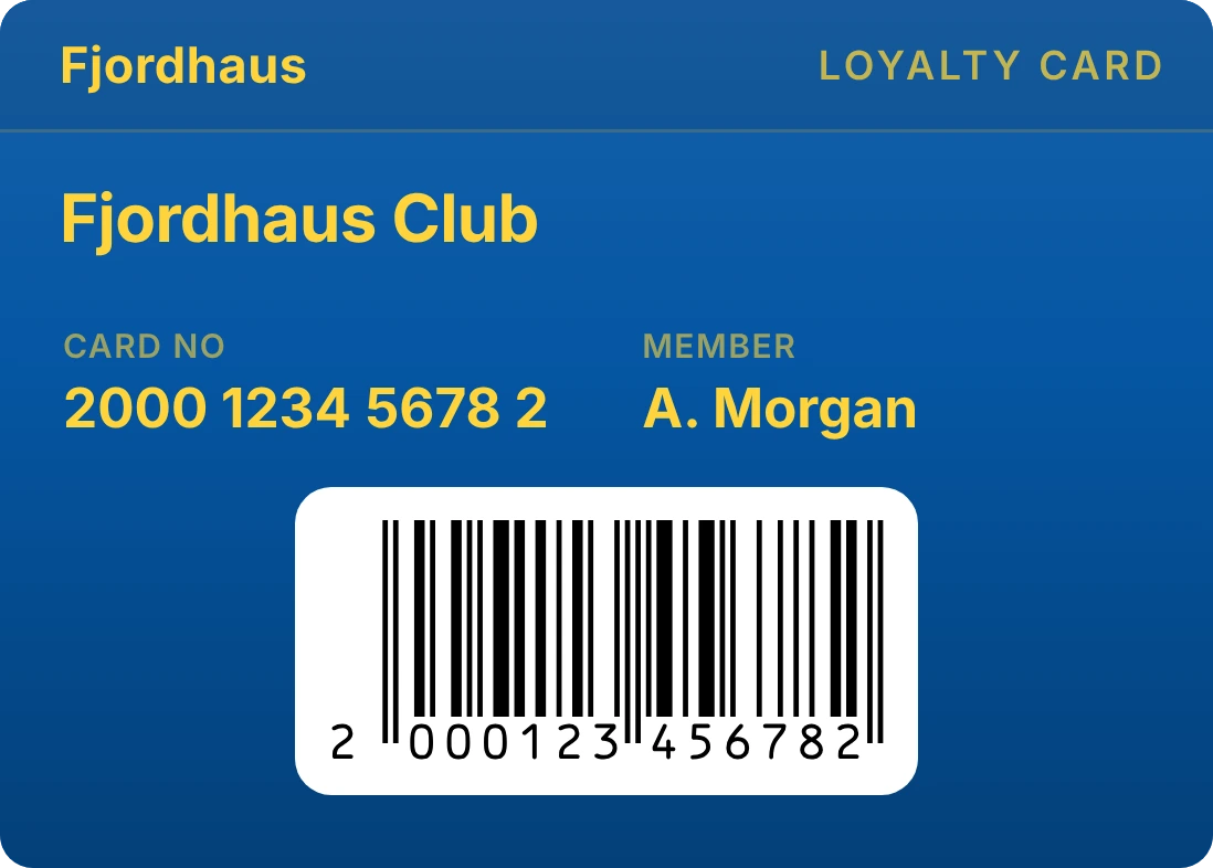 A loyalty card for the invented store Fjordhaus, shown as a Passmint pass with its barcode and card number